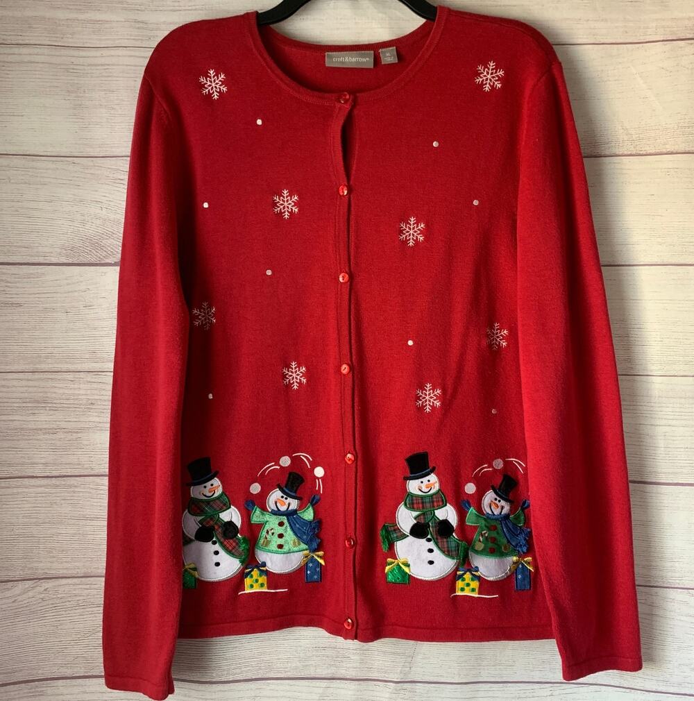 Vintage Croft & Barrow Red Christmas Knit Cardigan Sweater Snowman Size XL